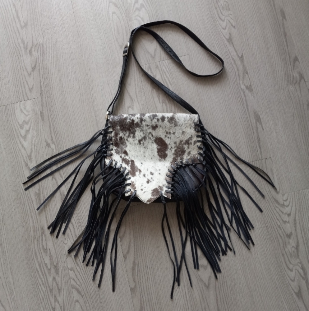 Scully Genuine Cowhide Fringe Crossbody Western Boho Festival Black Grey